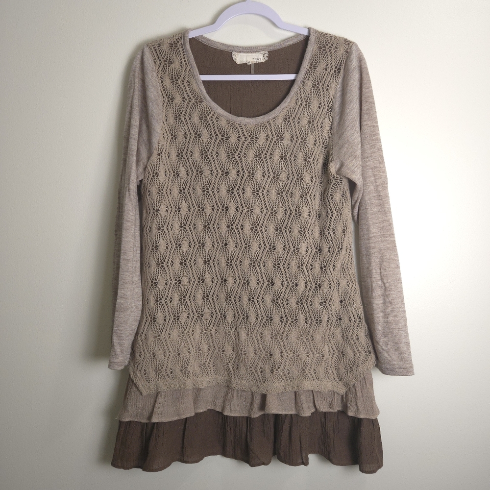 a'reve Artsy Earthy Boho Beige Brown Pointelle‎ Lace-Layered Tunic M